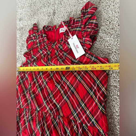 NWT Vineyard Vines Plaid Ruffle Tiered Dress Red Velvet Rayon Metallic - Picture 5 of 12